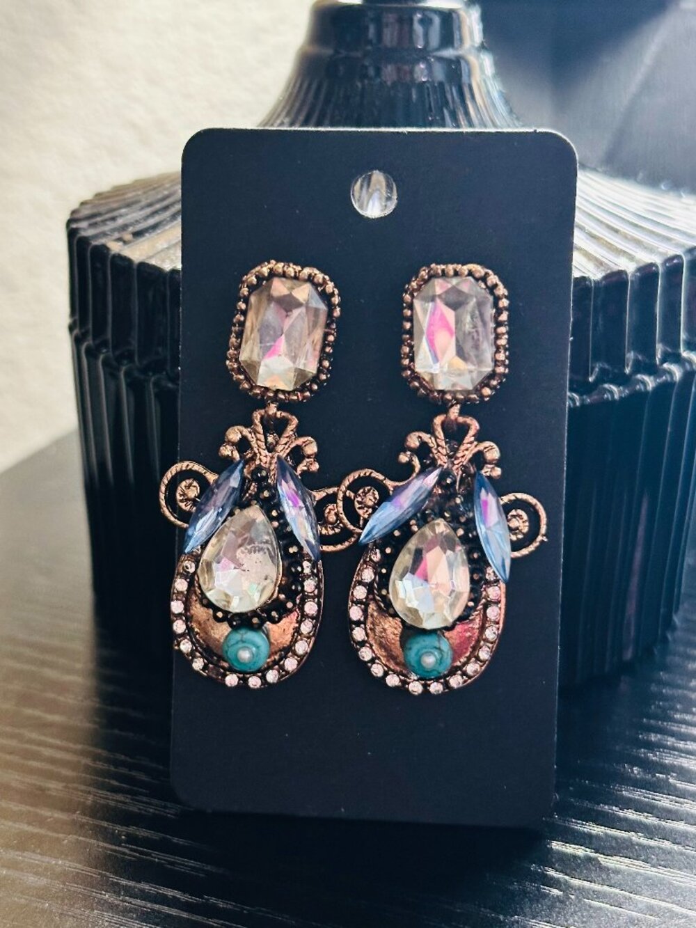 Ornate Victorian-Style Crystal & Turquoise Accent Statement Earrings